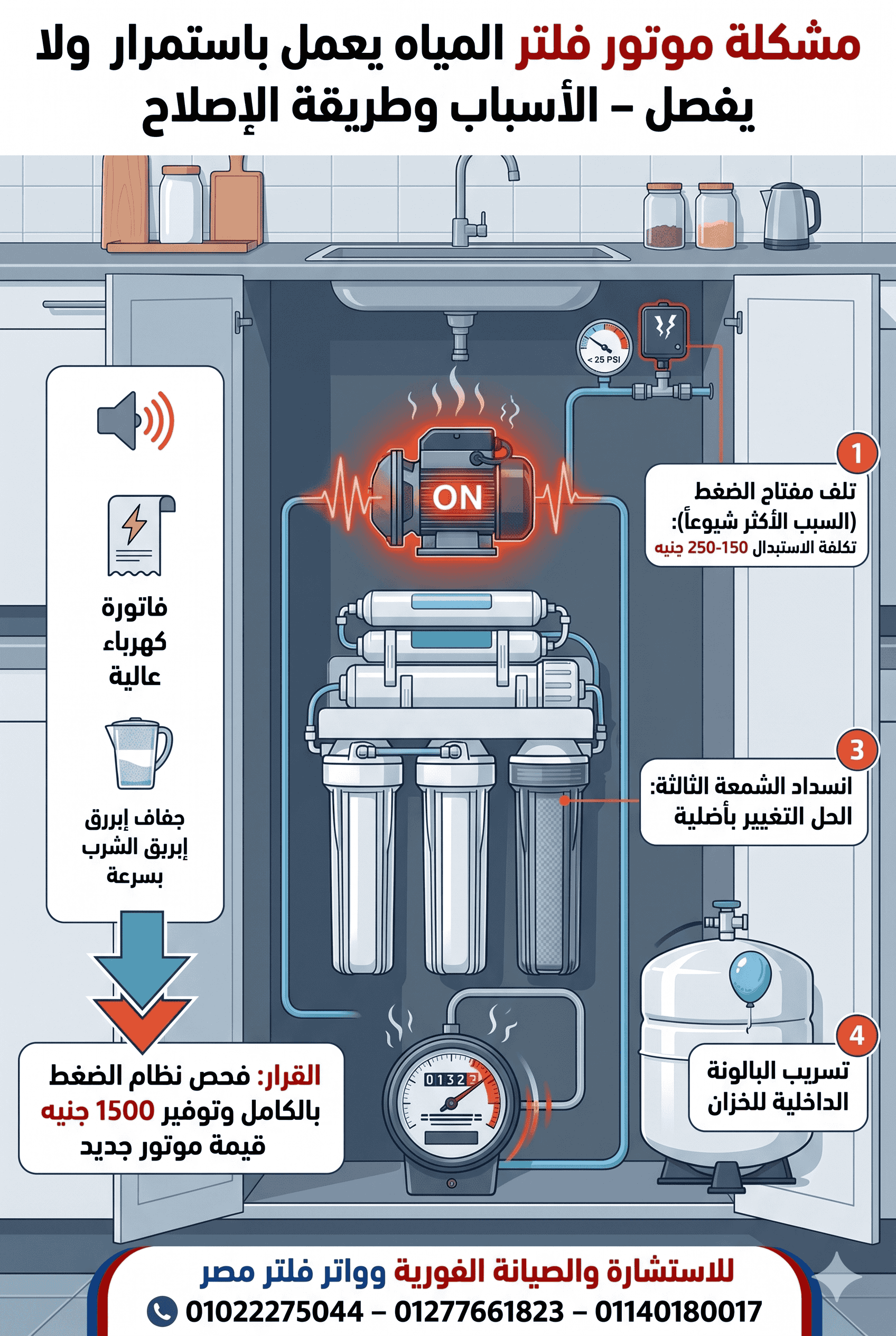 مشكلة موتور فلتر المياة يعمل باستمرار ولا يفصل – الأسباب وطريقة الإصلاح