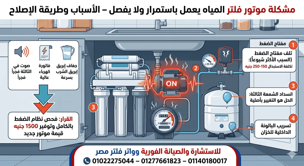 مشكلة موتور فلتر المياة يعمل باستمرار ولا يفصل – الأسباب وطريقة الإصلاح